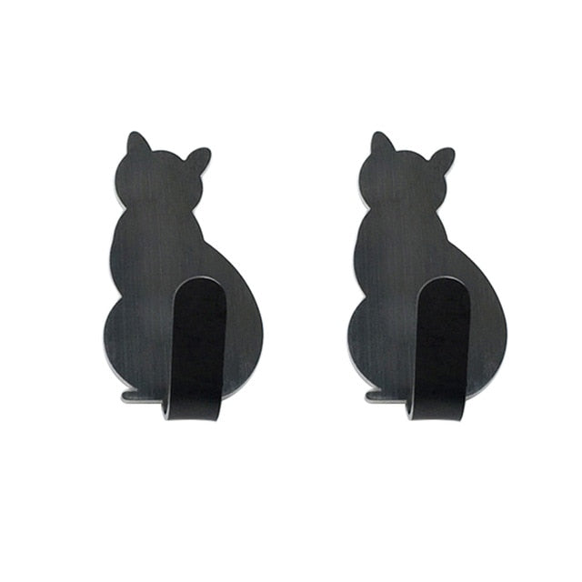 2Pcs Self Adhesive Wall Hooks Strong Adhesive  Bathroom Metal Cat Walls Patterns Sticker Door Towel Hanger